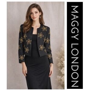 Maggy L Vtg Black 100% Silk Gold Embroidered Beaded Open Front Bolero Jacket 10